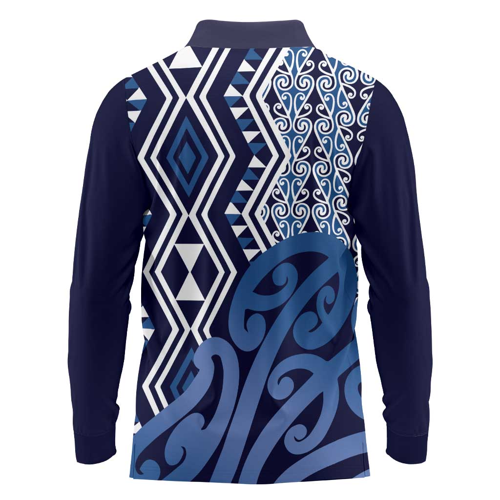 New Zealand Long Sleeve Polo Shirt Aotearoa Kowhaiwhai Mix Taniko Art - Blue LT14 - Polynesian Pride