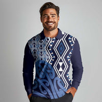 New Zealand Long Sleeve Polo Shirt Aotearoa Kowhaiwhai Mix Taniko Art - Blue LT14 - Polynesian Pride
