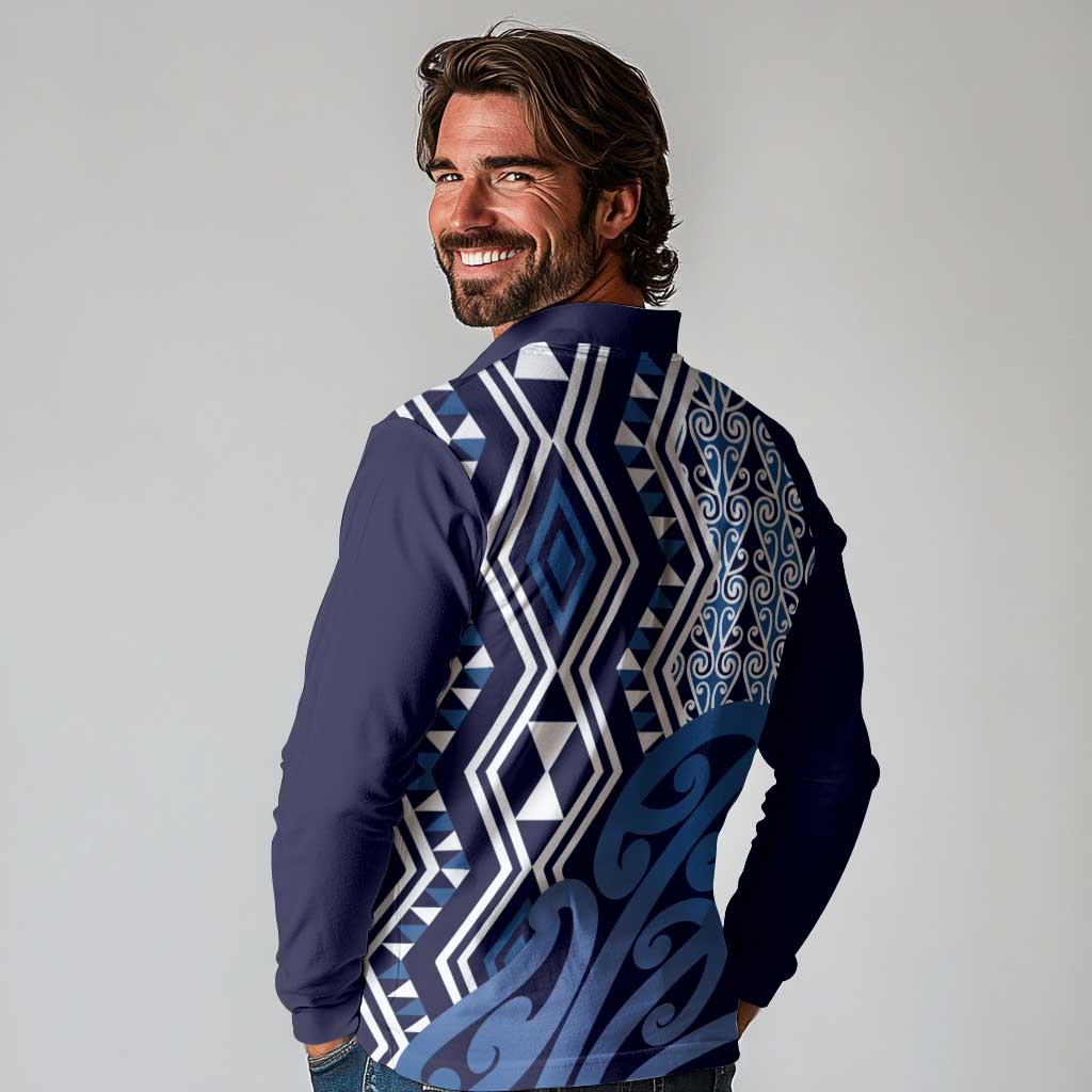 New Zealand Long Sleeve Polo Shirt Aotearoa Kowhaiwhai Mix Taniko Art - Blue LT14 - Polynesian Pride
