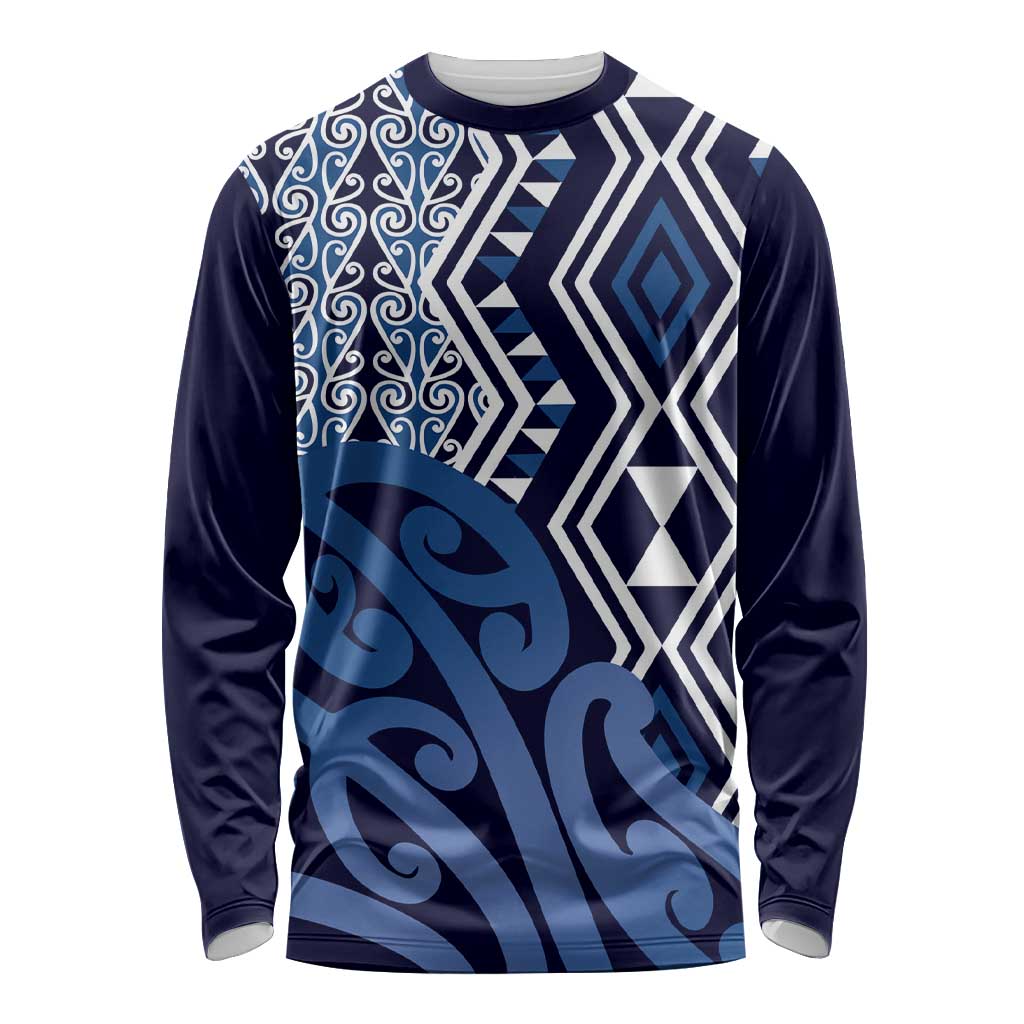 New Zealand Long Sleeve Shirt Aotearoa Kowhaiwhai Mix Taniko Art - Blue LT14 Unisex Blue - Polynesian Pride