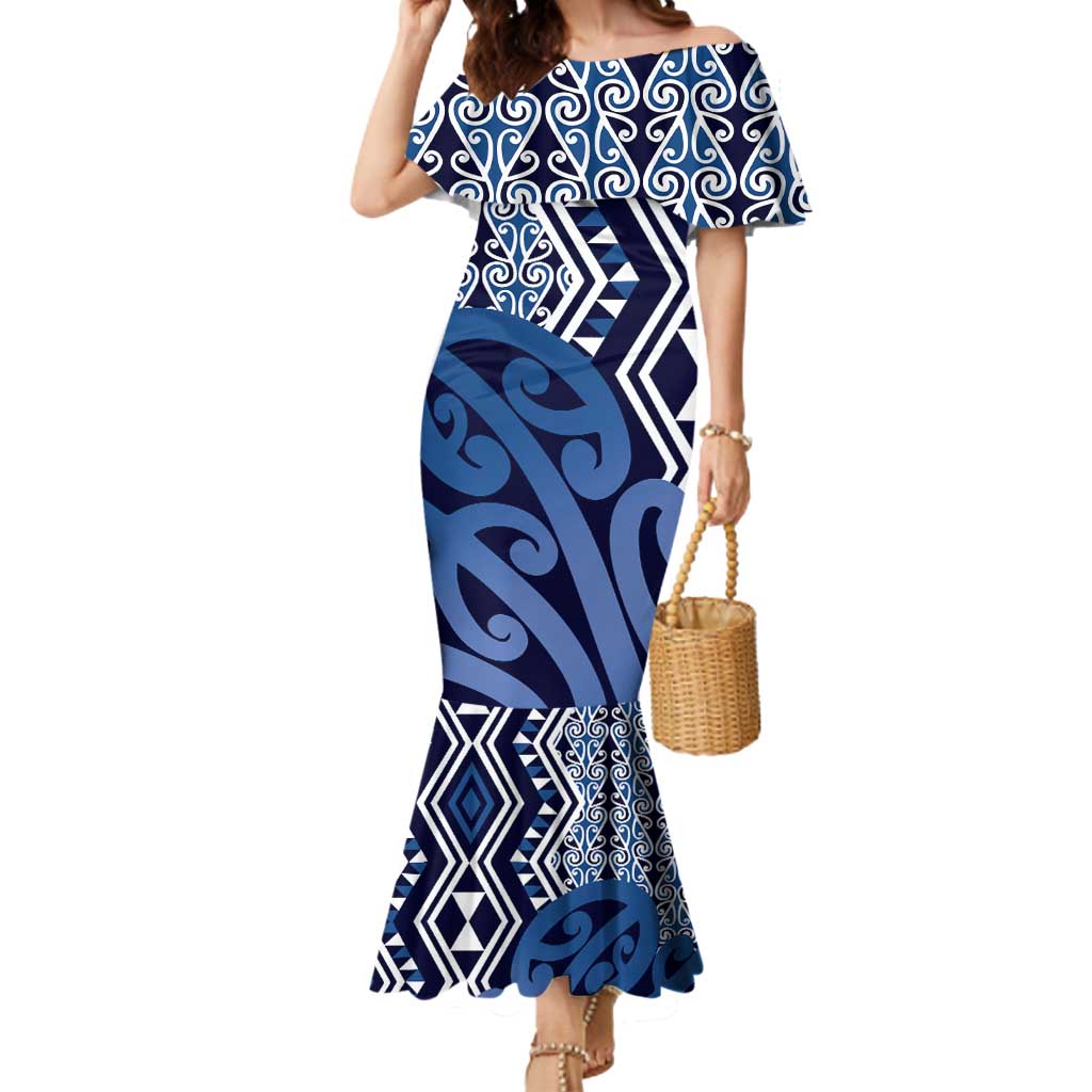 New Zealand Mermaid Dress Aotearoa Kowhaiwhai Mix Taniko Art - Blue LT14 Women Blue - Polynesian Pride