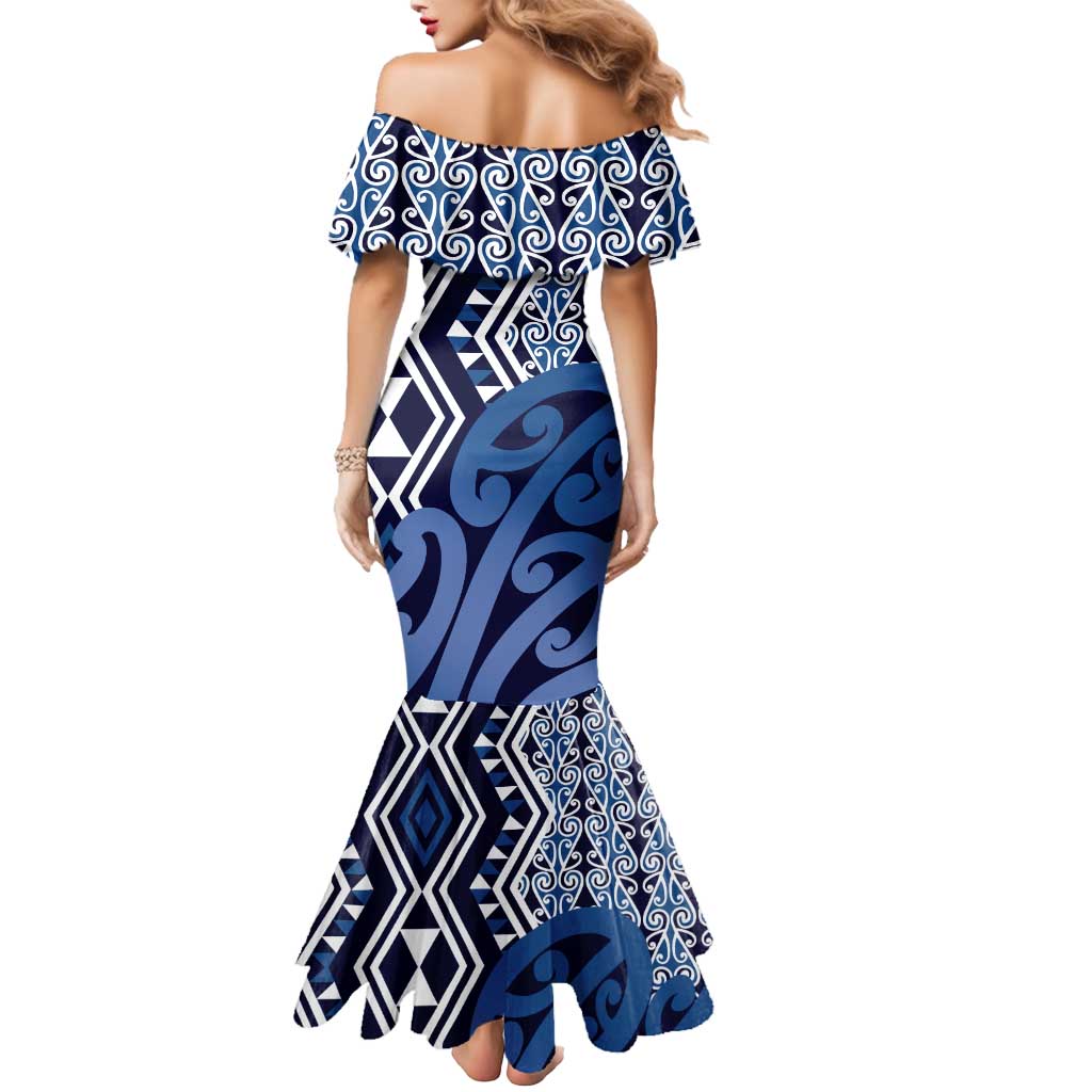 New Zealand Mermaid Dress Aotearoa Kowhaiwhai Mix Taniko Art - Blue LT14 - Polynesian Pride