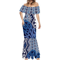 New Zealand Mermaid Dress Aotearoa Kowhaiwhai Mix Taniko Art - Blue LT14 - Polynesian Pride