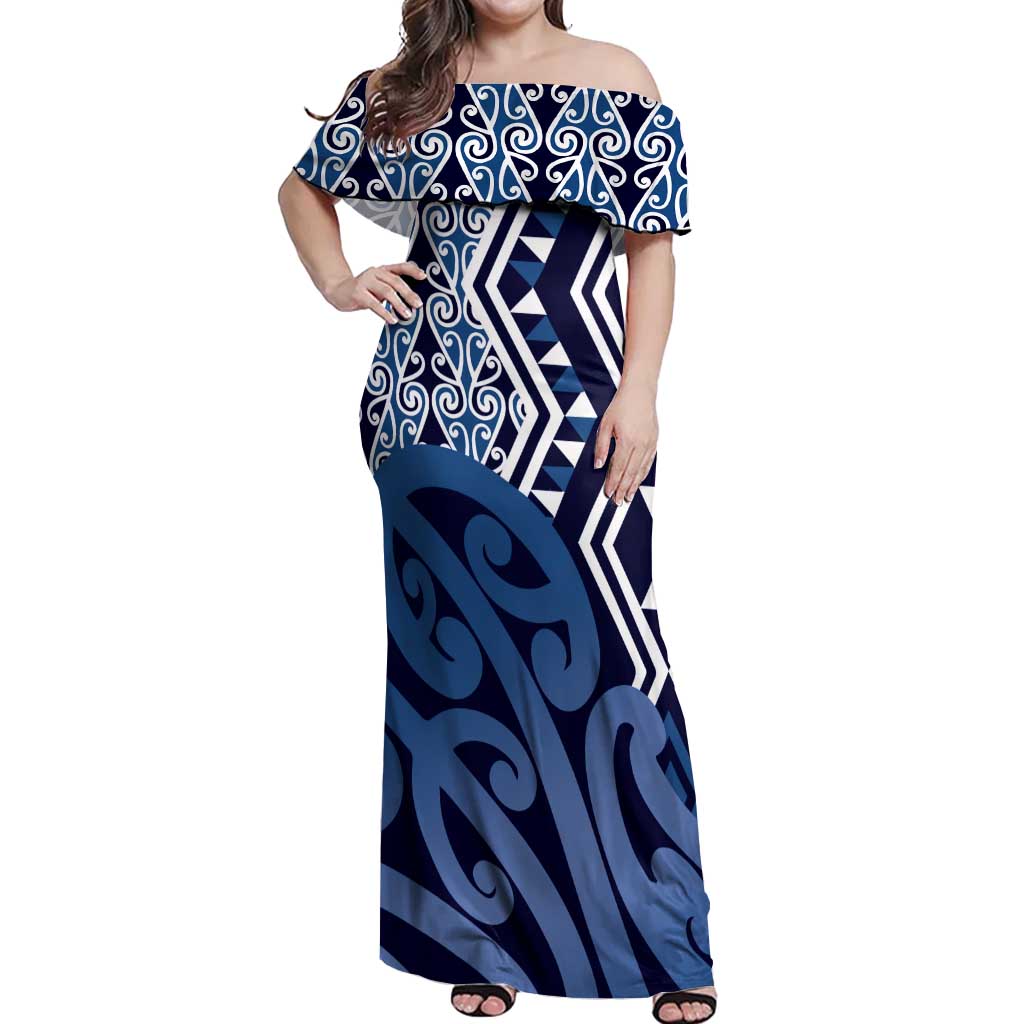 New Zealand Off Shoulder Maxi Dress Aotearoa Kowhaiwhai Mix Taniko Art - Blue LT14 Women Blue - Polynesian Pride