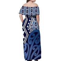 New Zealand Off Shoulder Maxi Dress Aotearoa Kowhaiwhai Mix Taniko Art - Blue LT14 - Polynesian Pride