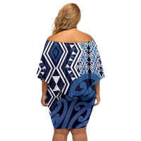 New Zealand Off Shoulder Short Dress Aotearoa Kowhaiwhai Mix Taniko Art - Blue LT14 - Polynesian Pride