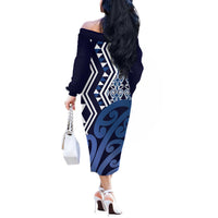 New Zealand Off The Shoulder Long Sleeve Dress Aotearoa Kowhaiwhai Mix Taniko Art - Blue LT14 - Polynesian Pride
