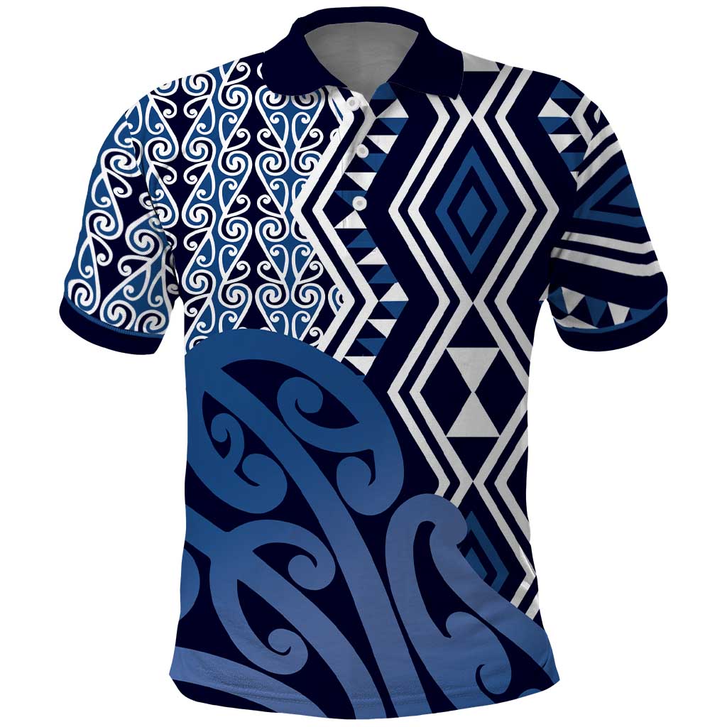 New Zealand Polo Shirt Aotearoa Kowhaiwhai Mix Taniko Art - Blue LT14 Blue - Polynesian Pride