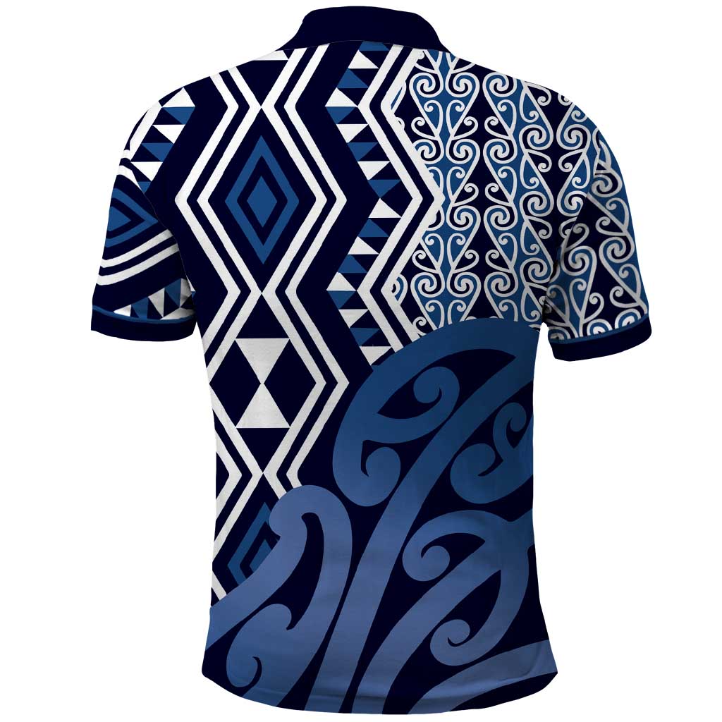 New Zealand Polo Shirt Aotearoa Kowhaiwhai Mix Taniko Art - Blue LT14 - Polynesian Pride
