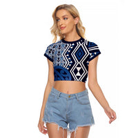 New Zealand Raglan Cropped T Shirt Aotearoa Kowhaiwhai Mix Taniko Art - Blue LT14 Female Blue - Polynesian Pride