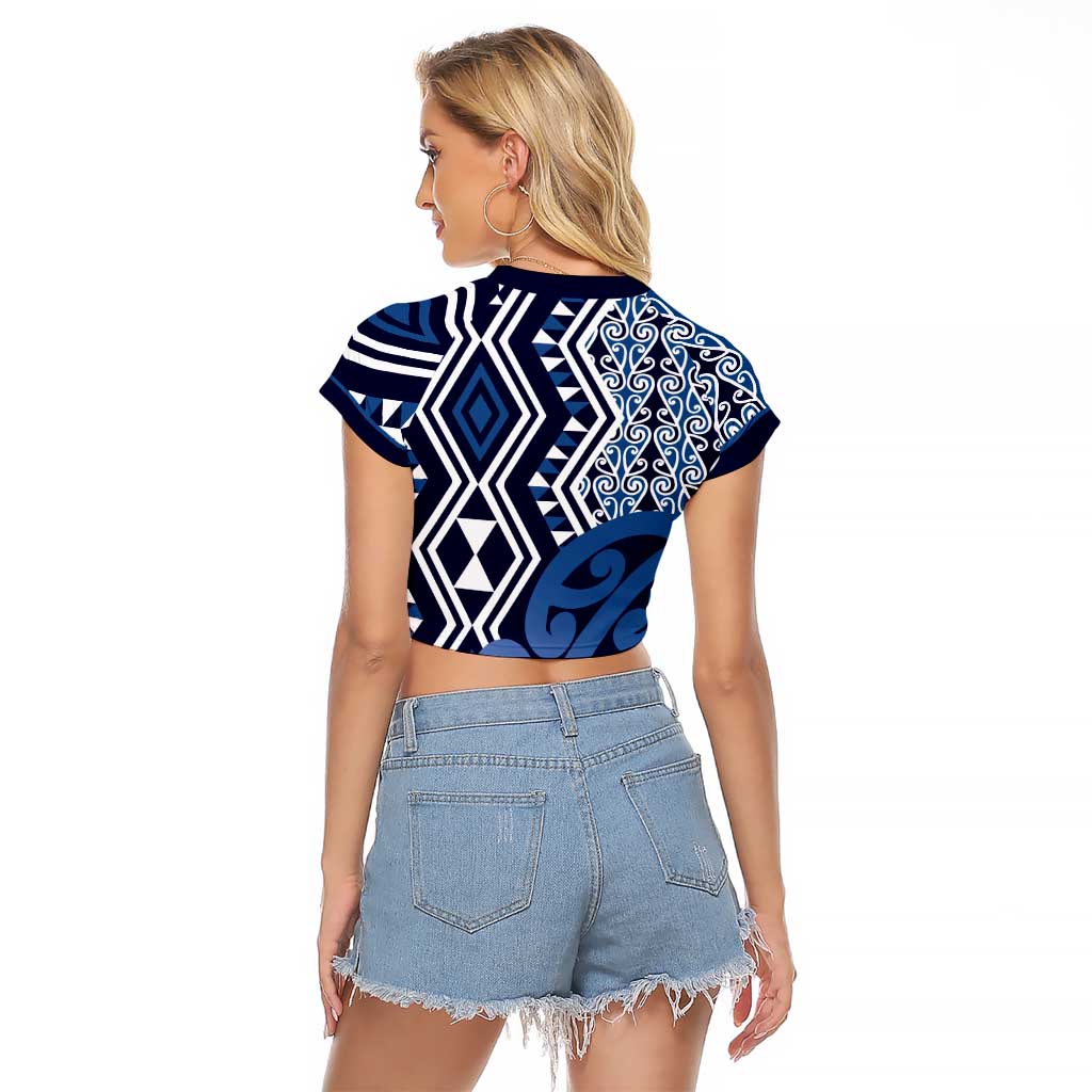 New Zealand Raglan Cropped T Shirt Aotearoa Kowhaiwhai Mix Taniko Art - Blue LT14 - Polynesian Pride