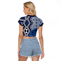 New Zealand Raglan Cropped T Shirt Aotearoa Kowhaiwhai Mix Taniko Art - Blue LT14 - Polynesian Pride