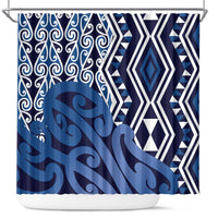 New Zealand Shower Curtain Aotearoa Kowhaiwhai Mix Taniko Art - Blue LT14 Blue - Polynesian Pride