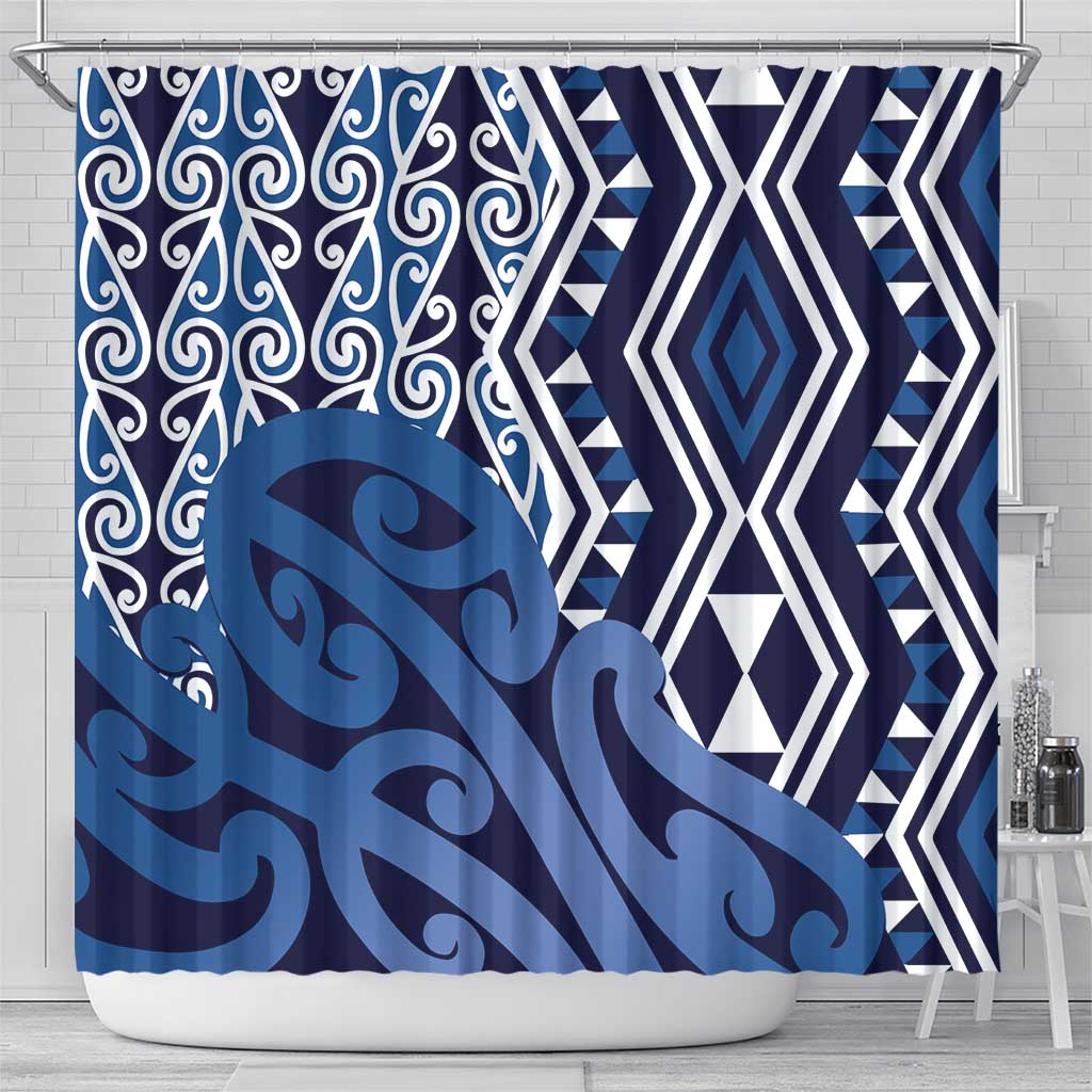 New Zealand Shower Curtain Aotearoa Kowhaiwhai Mix Taniko Art - Blue LT14 - Polynesian Pride