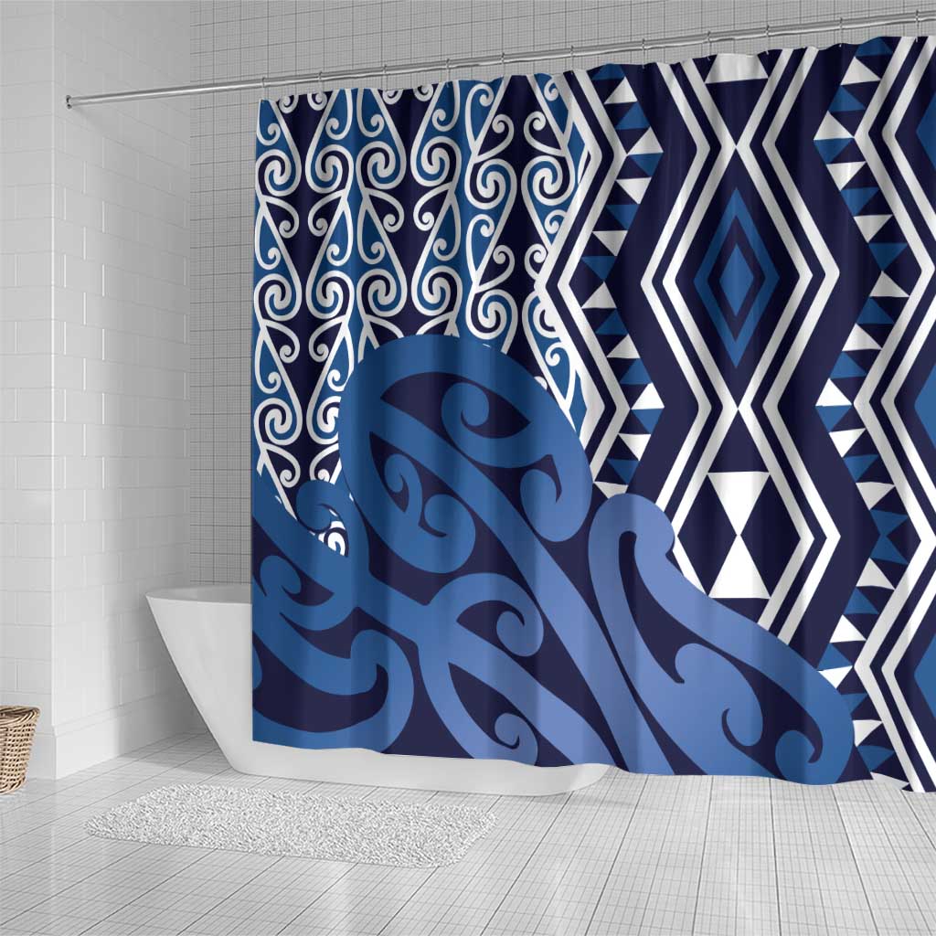 New Zealand Shower Curtain Aotearoa Kowhaiwhai Mix Taniko Art - Blue LT14 - Polynesian Pride