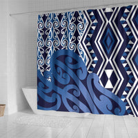 New Zealand Shower Curtain Aotearoa Kowhaiwhai Mix Taniko Art - Blue LT14 - Polynesian Pride