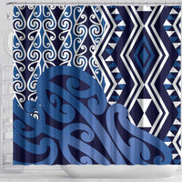 New Zealand Shower Curtain Aotearoa Kowhaiwhai Mix Taniko Art - Blue LT14 - Polynesian Pride