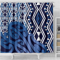 New Zealand Shower Curtain Aotearoa Kowhaiwhai Mix Taniko Art - Blue LT14 - Polynesian Pride