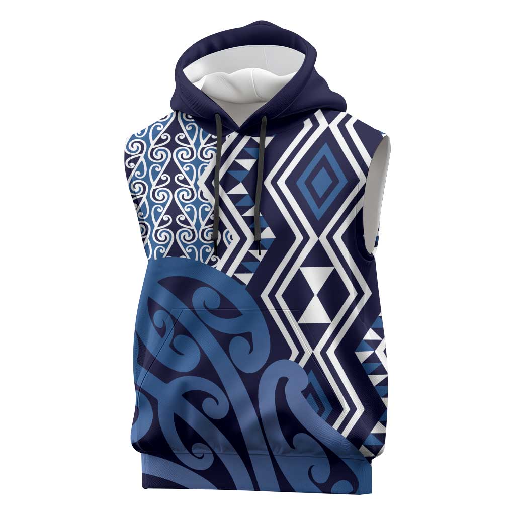 New Zealand Sleeveless Hoodie Aotearoa Kowhaiwhai Mix Taniko Art - Blue LT14 Blue - Polynesian Pride