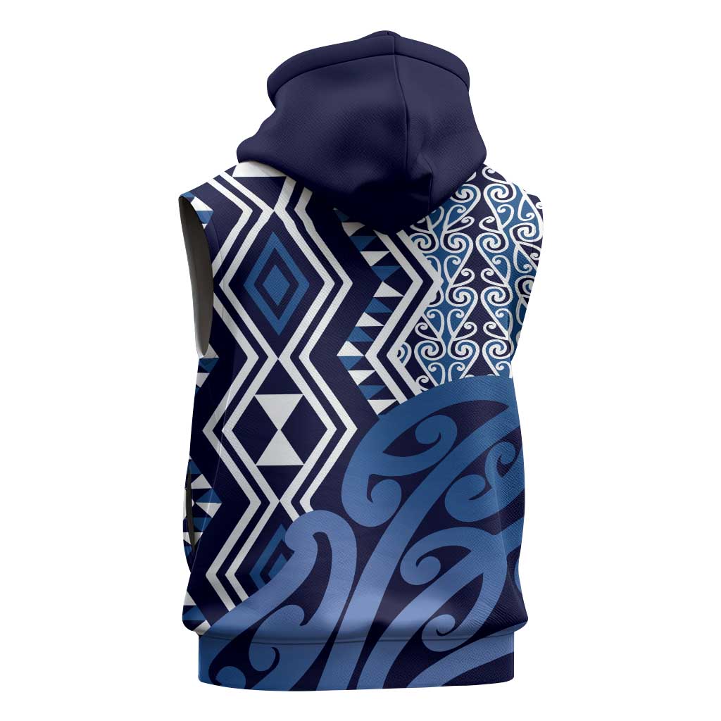 New Zealand Sleeveless Hoodie Aotearoa Kowhaiwhai Mix Taniko Art - Blue LT14 - Polynesian Pride