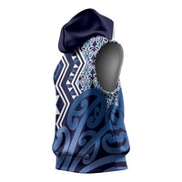 New Zealand Sleeveless Hoodie Aotearoa Kowhaiwhai Mix Taniko Art - Blue LT14 - Polynesian Pride