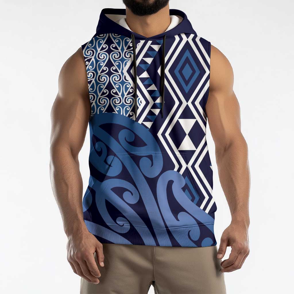 New Zealand Sleeveless Hoodie Aotearoa Kowhaiwhai Mix Taniko Art - Blue LT14 - Polynesian Pride