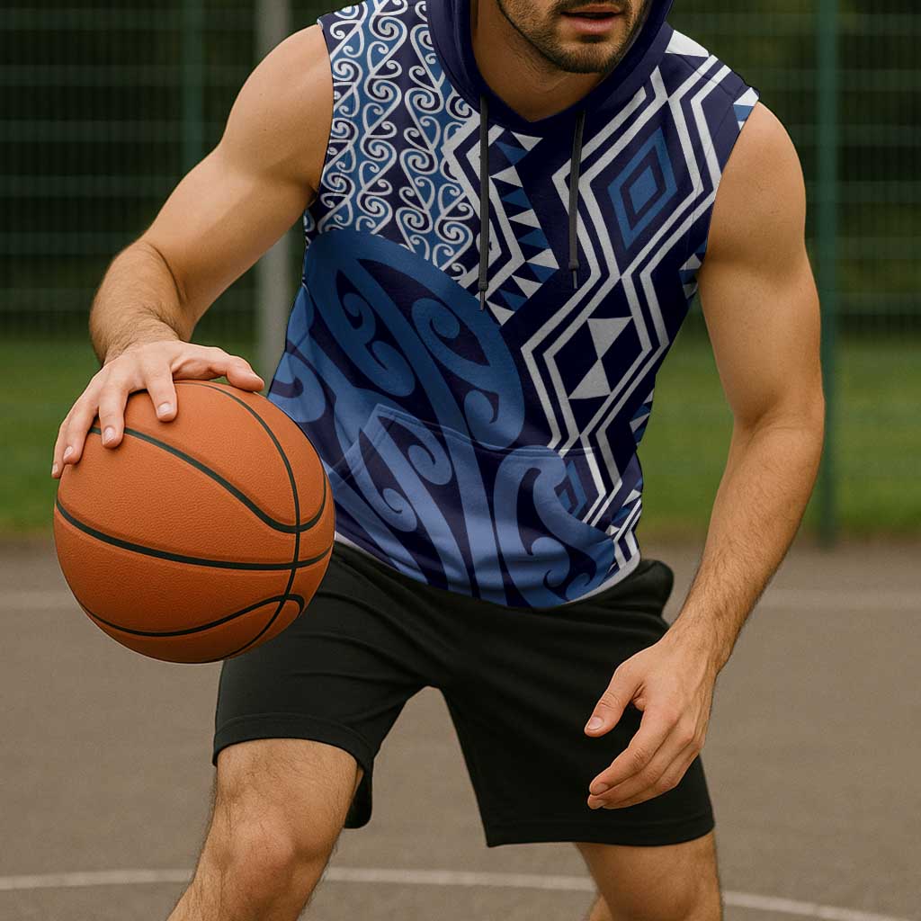 New Zealand Sleeveless Hoodie Aotearoa Kowhaiwhai Mix Taniko Art - Blue LT14 - Polynesian Pride
