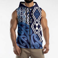 New Zealand Sleeveless Zip Hoodie Aotearoa Kowhaiwhai Mix Taniko Art - Blue LT14 - Polynesian Pride