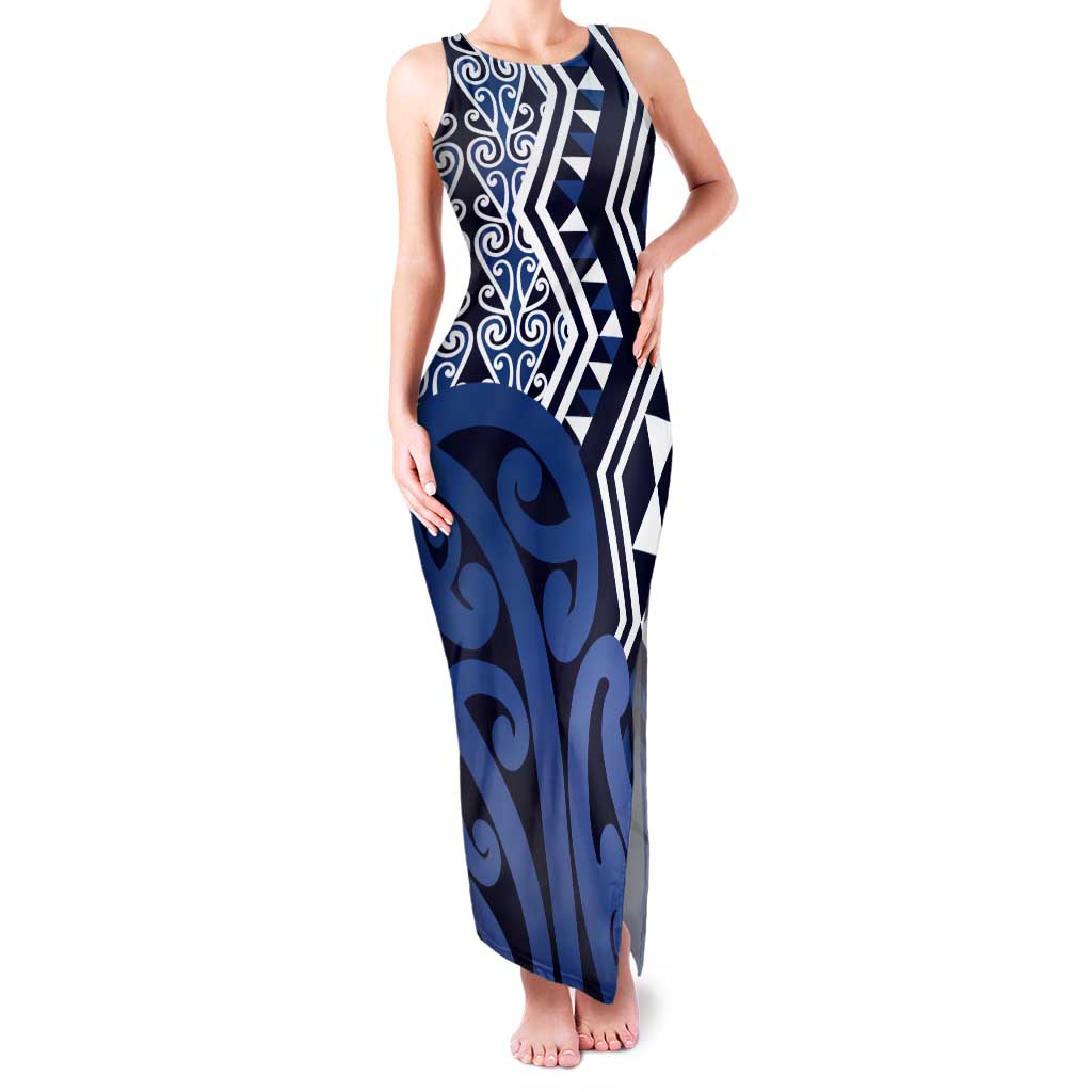 New Zealand Tank Maxi Dress Aotearoa Kowhaiwhai Mix Taniko Art - Blue LT14 Women Blue - Polynesian Pride