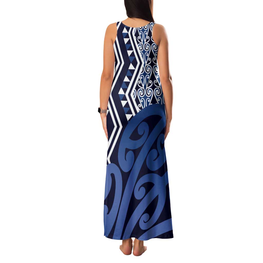 New Zealand Tank Maxi Dress Aotearoa Kowhaiwhai Mix Taniko Art - Blue LT14 - Polynesian Pride