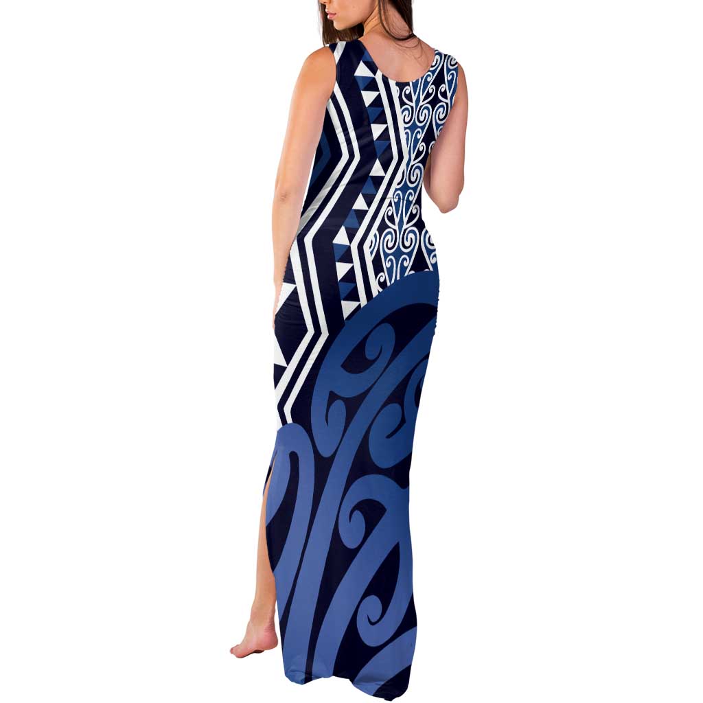 New Zealand Tank Maxi Dress Aotearoa Kowhaiwhai Mix Taniko Art - Blue LT14 - Polynesian Pride