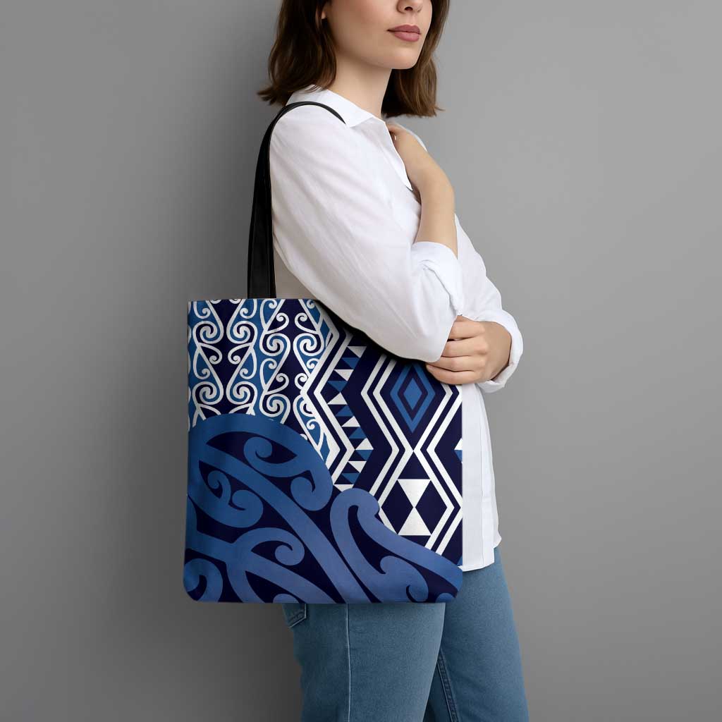New Zealand Tote Bag Aotearoa Kowhaiwhai Mix Taniko Art - Blue - Polynesian Pride
