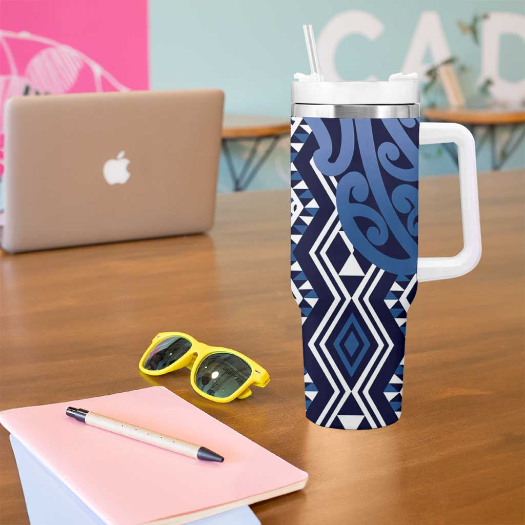 New Zealand Tumbler With Handle Aotearoa Kowhaiwhai Mix Taniko Art - Blue LT14 - Polynesian Pride