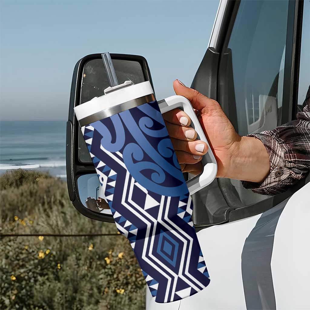 New Zealand Tumbler With Handle Aotearoa Kowhaiwhai Mix Taniko Art - Blue LT14 - Polynesian Pride