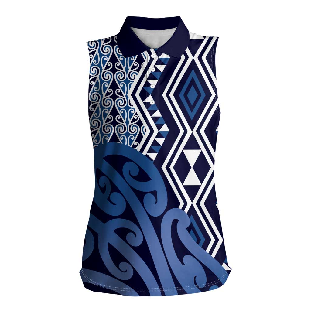 New Zealand Women Sleeveless Polo Shirt Aotearoa Kowhaiwhai Mix Taniko Art - Blue LT14 Female Blue - Polynesian Pride