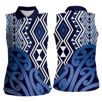 New Zealand Women Sleeveless Polo Shirt Aotearoa Kowhaiwhai Mix Taniko Art - Blue LT14 - Polynesian Pride