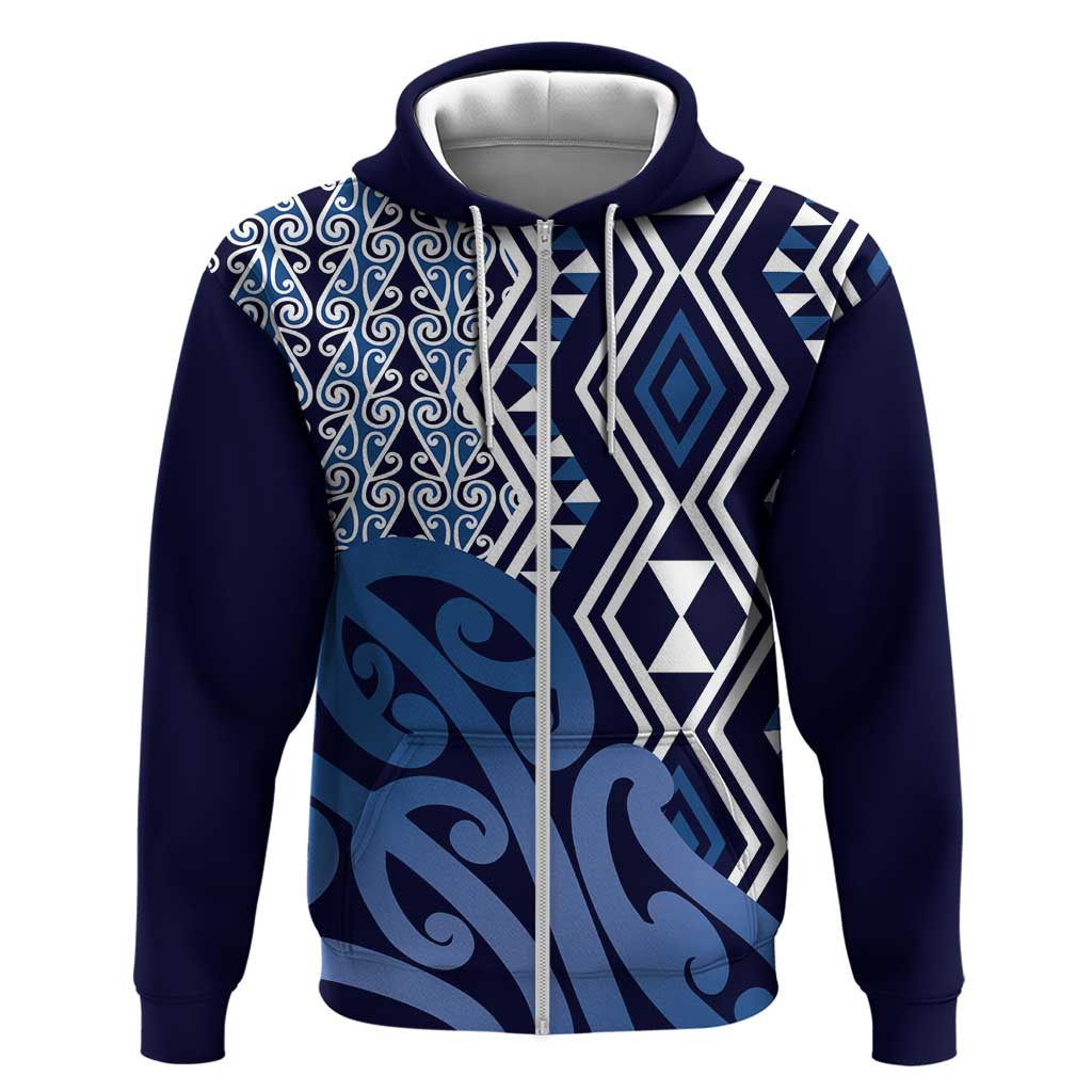 New Zealand Zip Hoodie Aotearoa Kowhaiwhai Mix Taniko Art - Blue LT14 Zip Hoodie Blue - Polynesian Pride