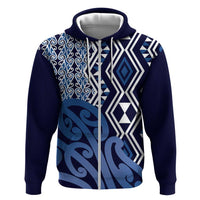 New Zealand Zip Hoodie Aotearoa Kowhaiwhai Mix Taniko Art - Blue LT14 Zip Hoodie Blue - Polynesian Pride