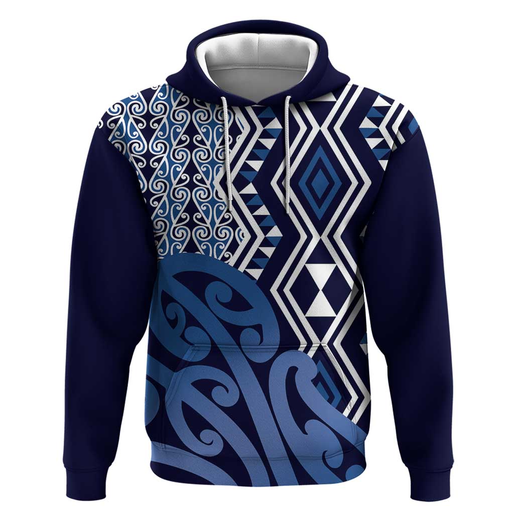 New Zealand Zip Hoodie Aotearoa Kowhaiwhai Mix Taniko Art - Blue LT14 Pullover Hoodie Blue - Polynesian Pride