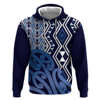 New Zealand Zip Hoodie Aotearoa Kowhaiwhai Mix Taniko Art - Blue LT14 Pullover Hoodie Blue - Polynesian Pride