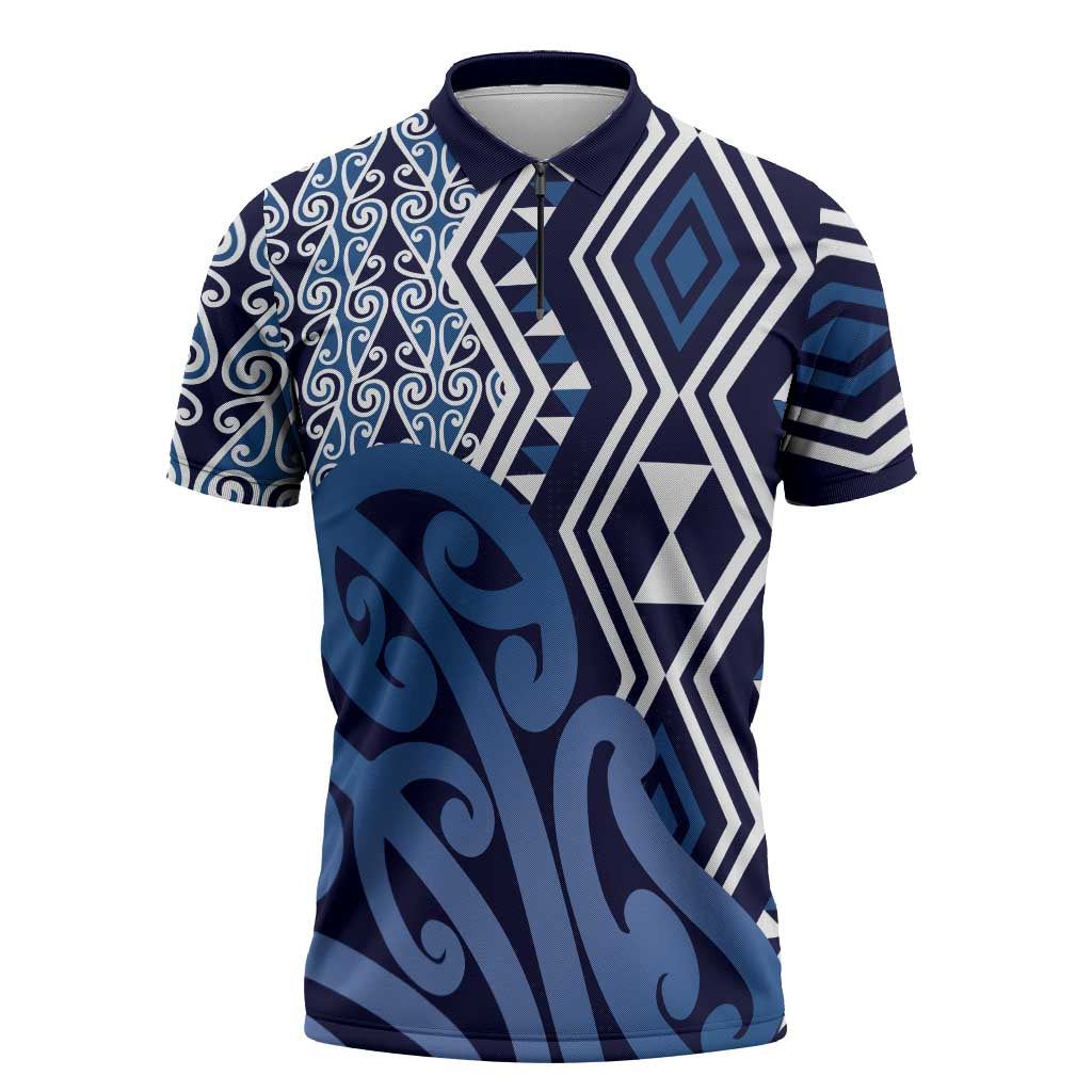 New Zealand Zipper Polo Shirt Aotearoa Kowhaiwhai Mix Taniko Art - Blue LT14 Blue - Polynesian Pride