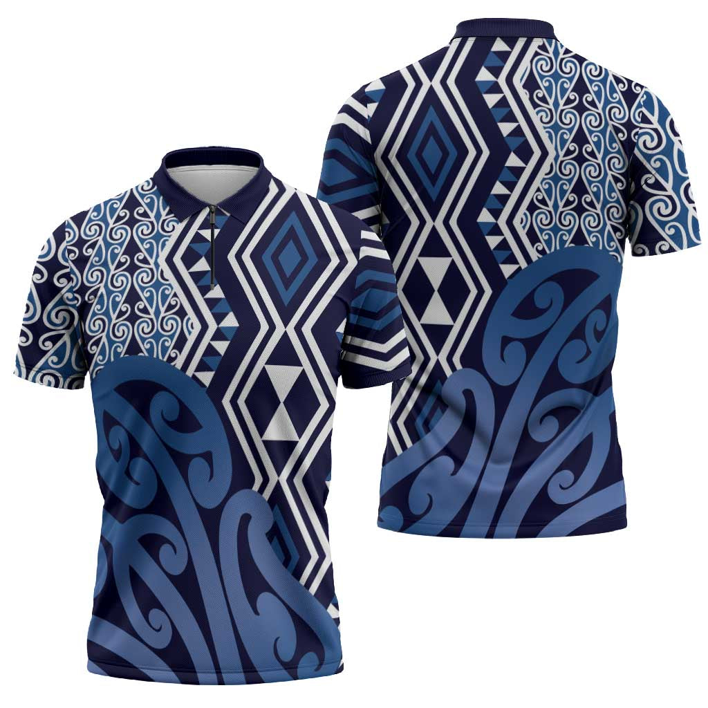 New Zealand Zipper Polo Shirt Aotearoa Kowhaiwhai Mix Taniko Art - Blue LT14 - Polynesian Pride