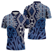New Zealand Zipper Polo Shirt Aotearoa Kowhaiwhai Mix Taniko Art - Blue LT14 - Polynesian Pride
