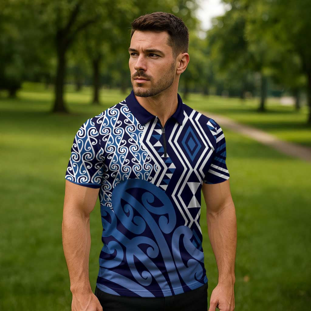New Zealand Zipper Polo Shirt Aotearoa Kowhaiwhai Mix Taniko Art - Blue LT14 - Polynesian Pride