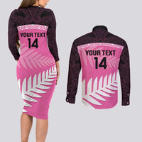 Custom New Zealand Aotearoa Cricket Couples Matching Long Sleeve Bodycon Dress and Long Sleeve Button Shirt Go White Silver Fern LT14 - Polynesian Pride