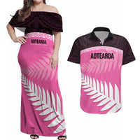 Custom New Zealand Aotearoa Cricket Couples Matching Off Shoulder Maxi Dress and Hawaiian Shirt Go White Silver Fern LT14 Pink - Polynesian Pride