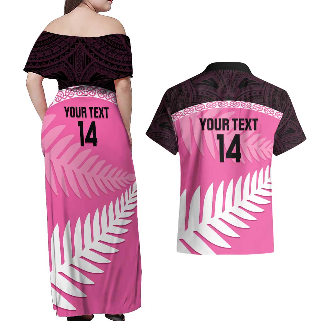 Custom New Zealand Aotearoa Cricket Couples Matching Off Shoulder Maxi Dress and Hawaiian Shirt Go White Silver Fern LT14 - Polynesian Pride