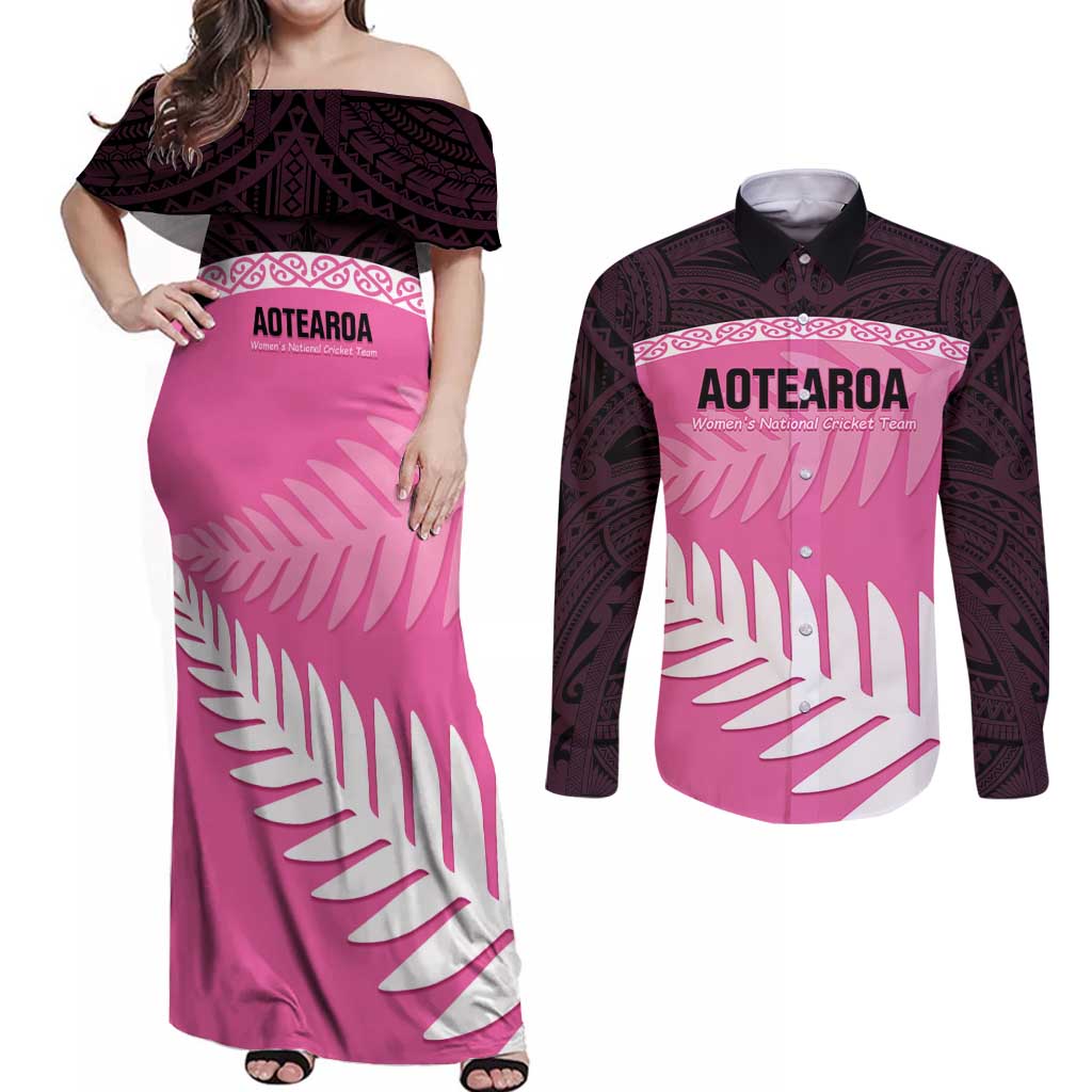 Custom New Zealand Aotearoa Cricket Couples Matching Off Shoulder Maxi Dress and Long Sleeve Button Shirt Go White Silver Fern LT14 Pink - Polynesian Pride