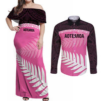 Custom New Zealand Aotearoa Cricket Couples Matching Off Shoulder Maxi Dress and Long Sleeve Button Shirt Go White Silver Fern LT14 Pink - Polynesian Pride