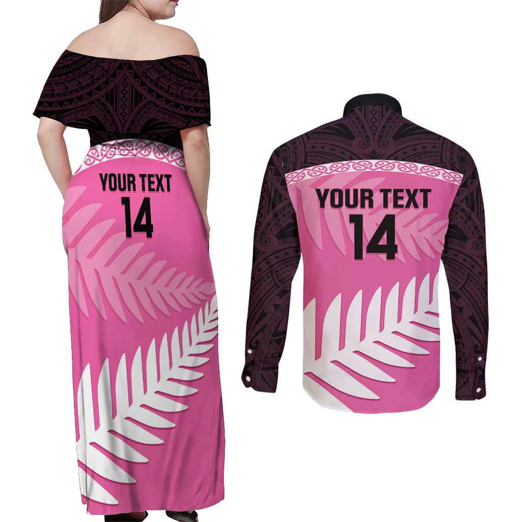 Custom New Zealand Aotearoa Cricket Couples Matching Off Shoulder Maxi Dress and Long Sleeve Button Shirt Go White Silver Fern LT14 - Polynesian Pride